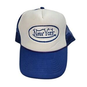 Vintage New York Mesh Trucker Hat Snapback  Cap Nissin White Blue EUC